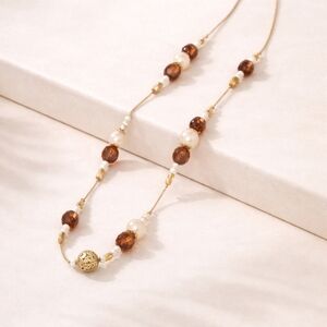 Long Gold Beaded Necklace | Amber Cream Neutral Layering Chain
